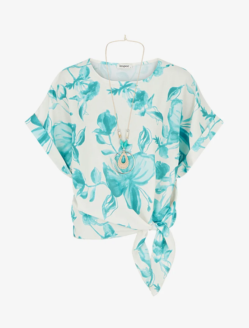 Top imprimé floral à nouer - Turquoise