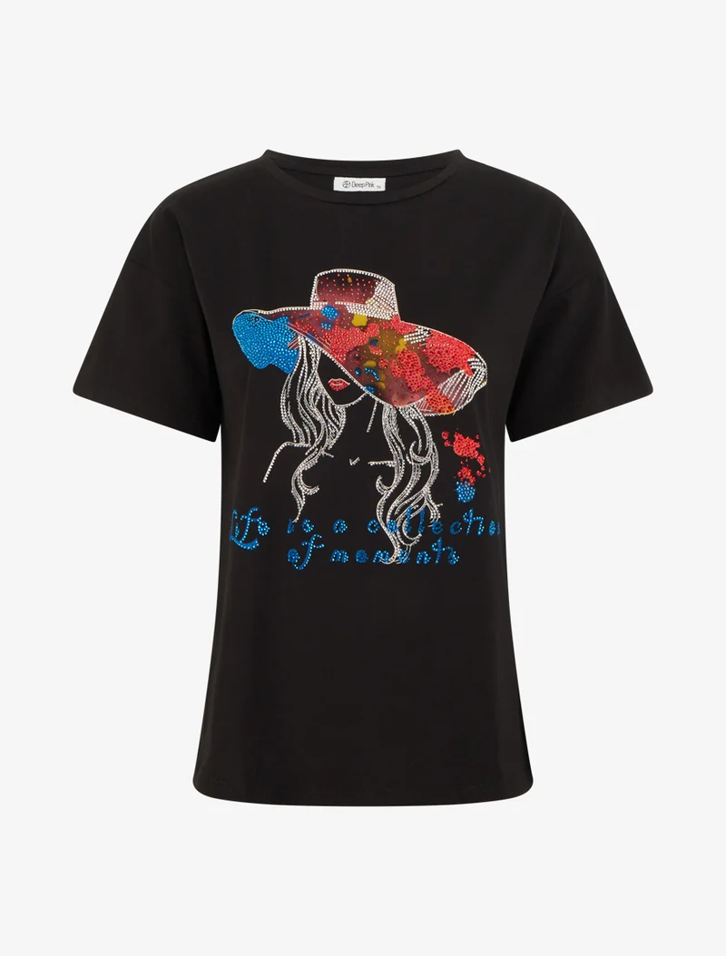 T-shirt à strass motif dame au chapeau - Noir