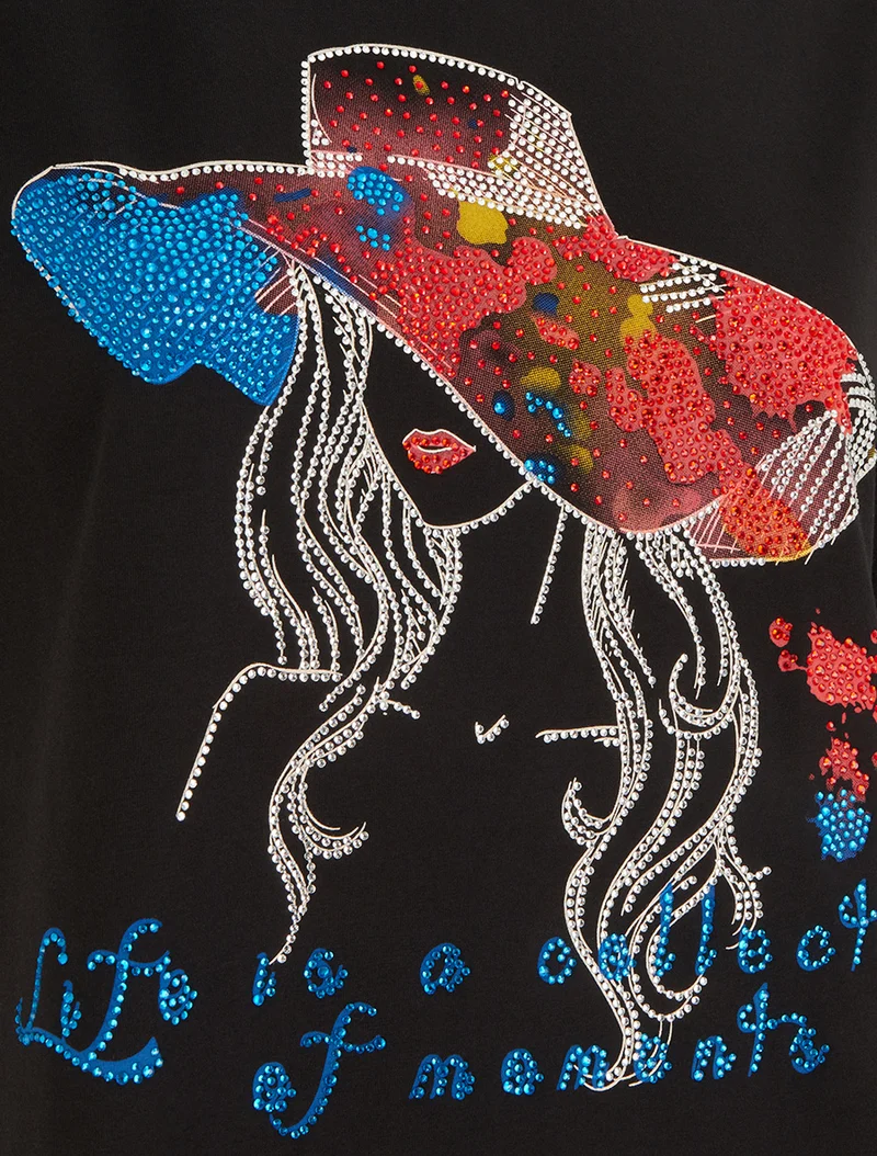 T-shirt à strass motif dame au chapeau - Noir