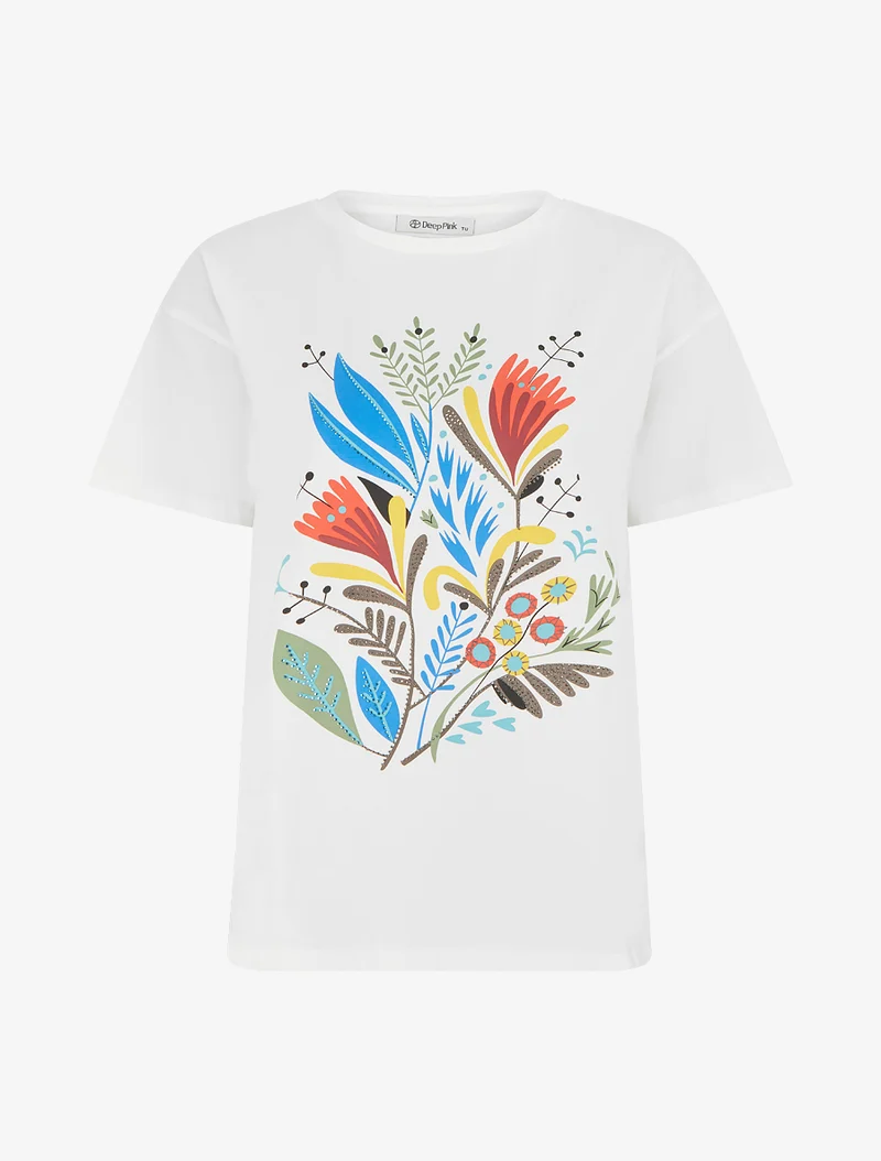 T-shirt à motif floral et strass - Blanc