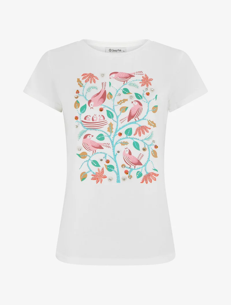 T-shirt à strass et flocage oiseaux - Blanc