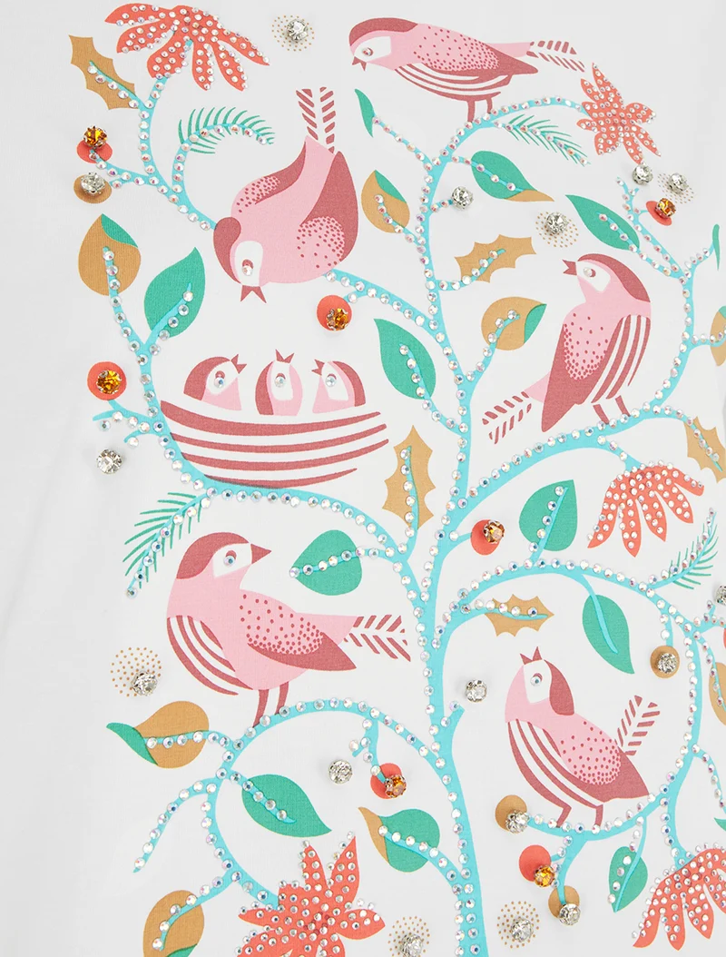 T-shirt à strass et flocage oiseaux - Blanc