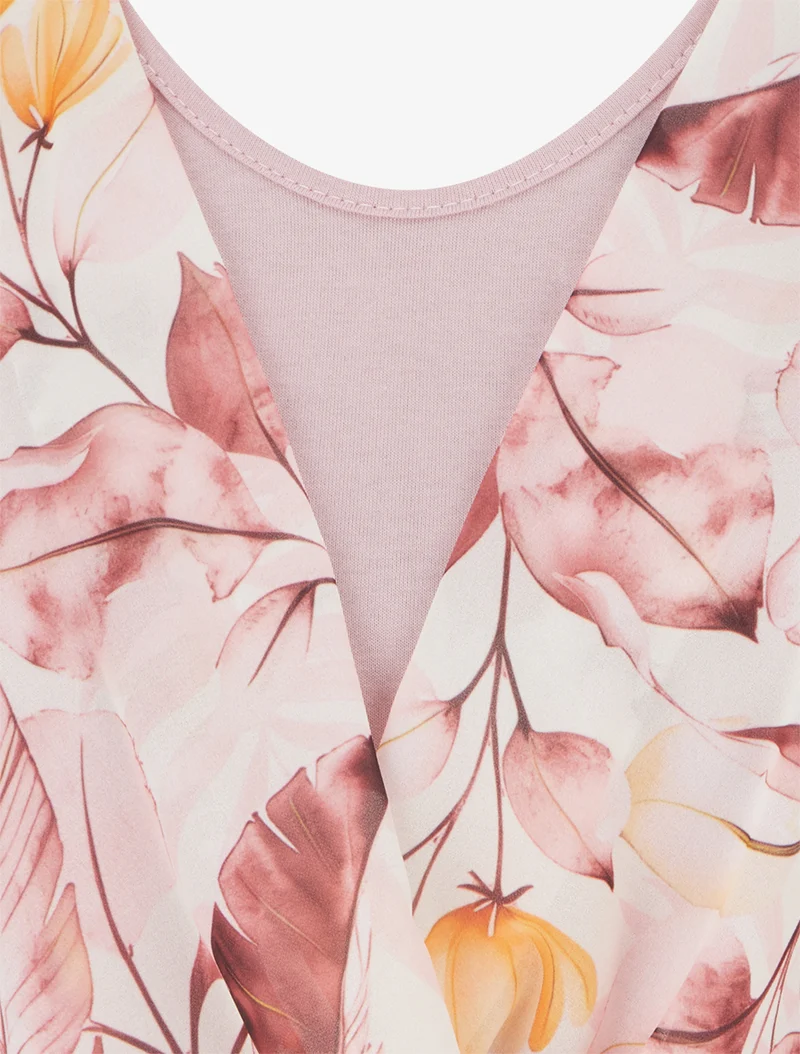 Top imprimé feuilles à manches volantées - Rose