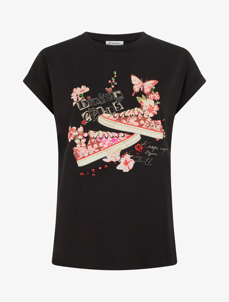 T-shirt motif baskets et papillons - Noir