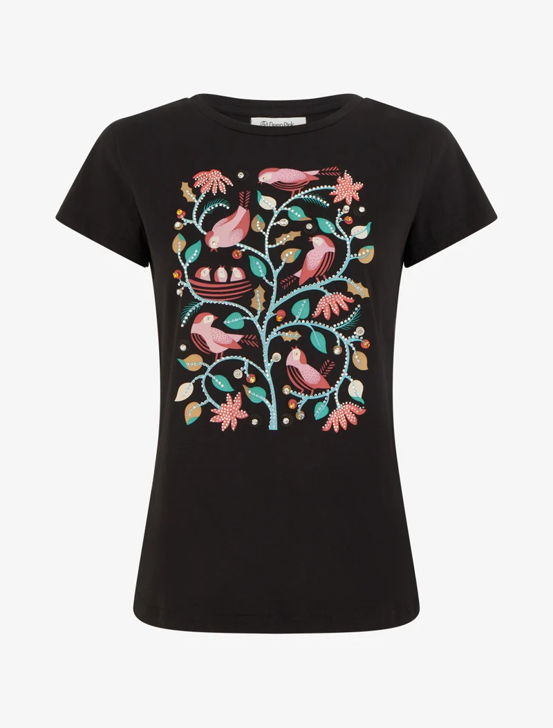 T-shirt à strass et flocage oiseaux - Noir