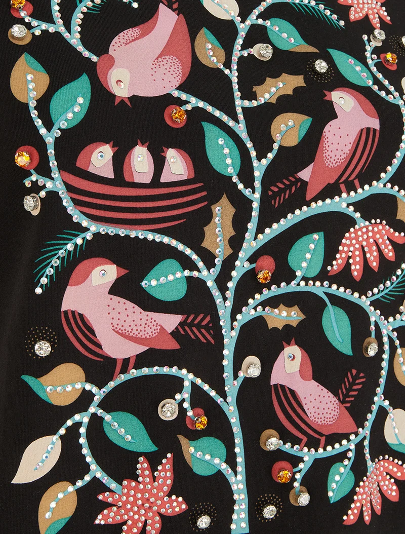 T-shirt à strass et flocage oiseaux - Noir