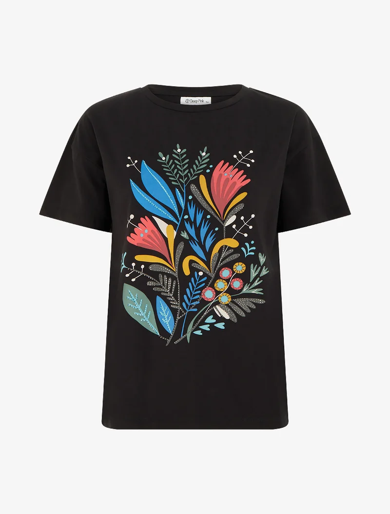 T-shirt à motif floral et strass - Noir