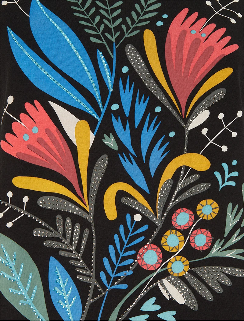 T-shirt à motif floral et strass - Noir