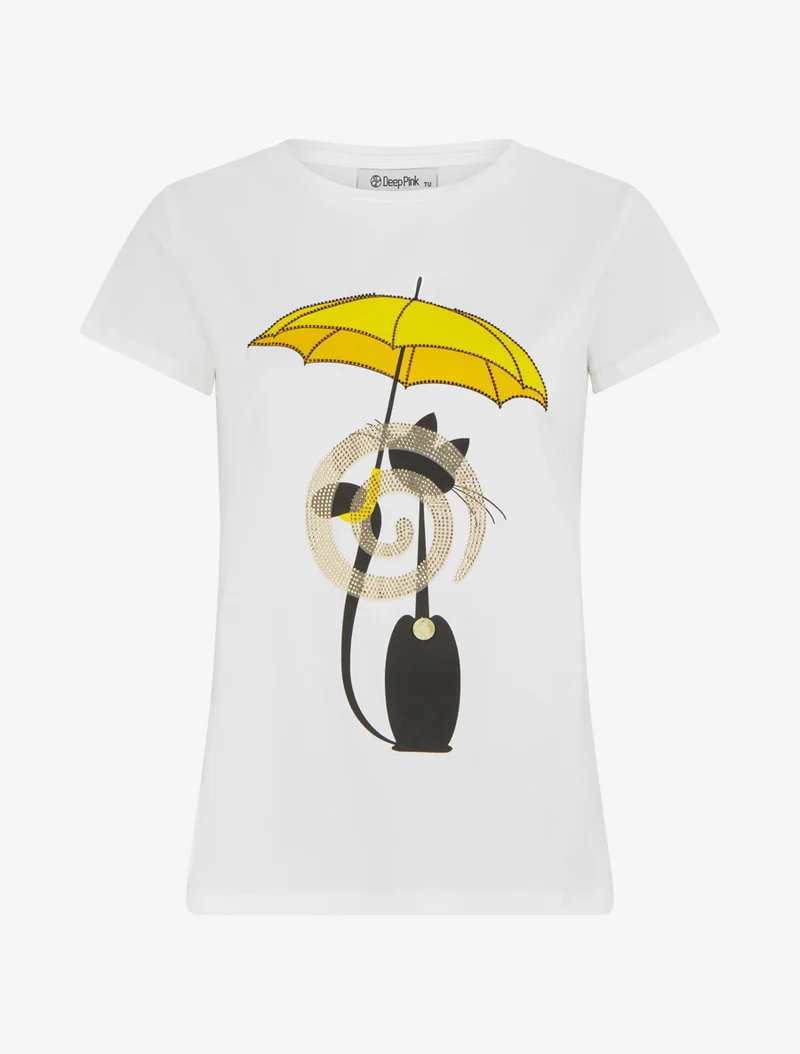 T-shirt à motif chat et parapluie strassé - Blanc