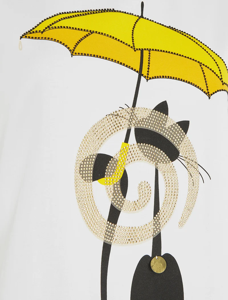 T-shirt à motif chat et parapluie strassé - Blanc