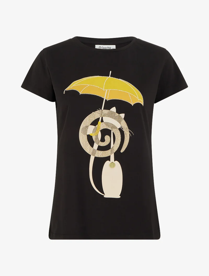 T-shirt à motif chat et parapluie strassé - Noir