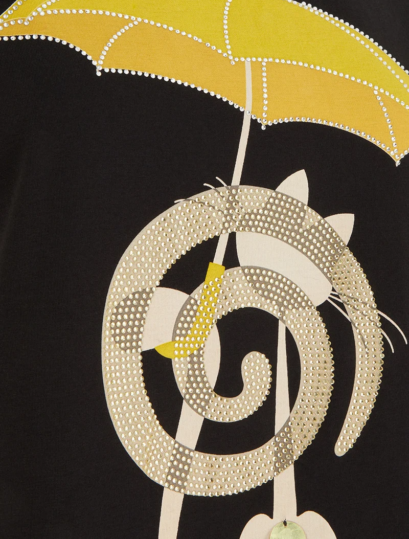 T-shirt à motif chat et parapluie strassé - Noir