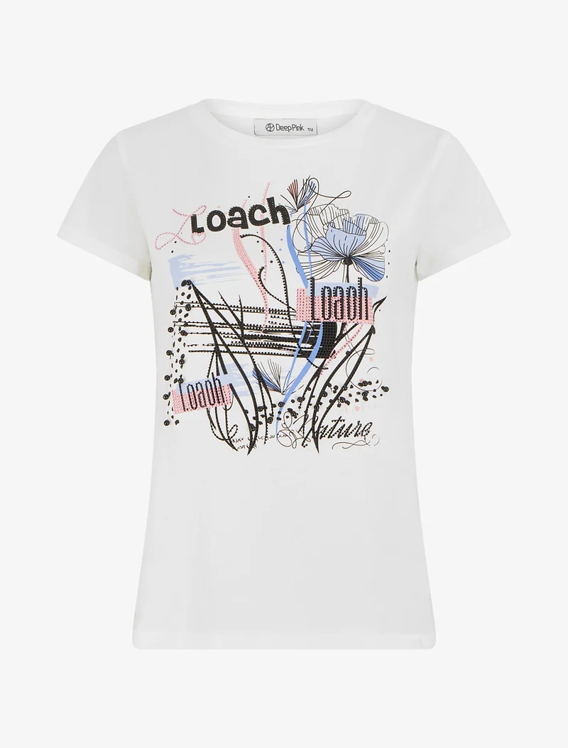 T-shirt floqué à strass et perles - Blanc