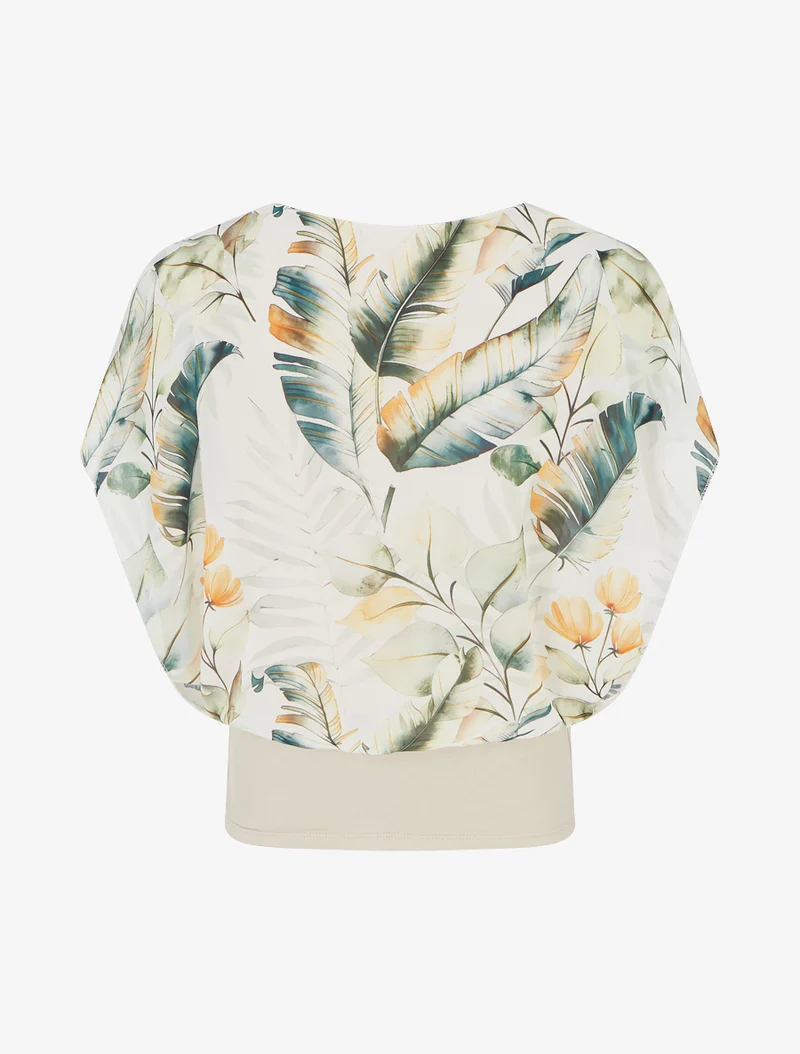 Top imprimé feuilles à manches volantées - Beige