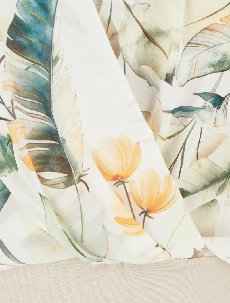 Top imprimé feuilles à manches volantées - Beige