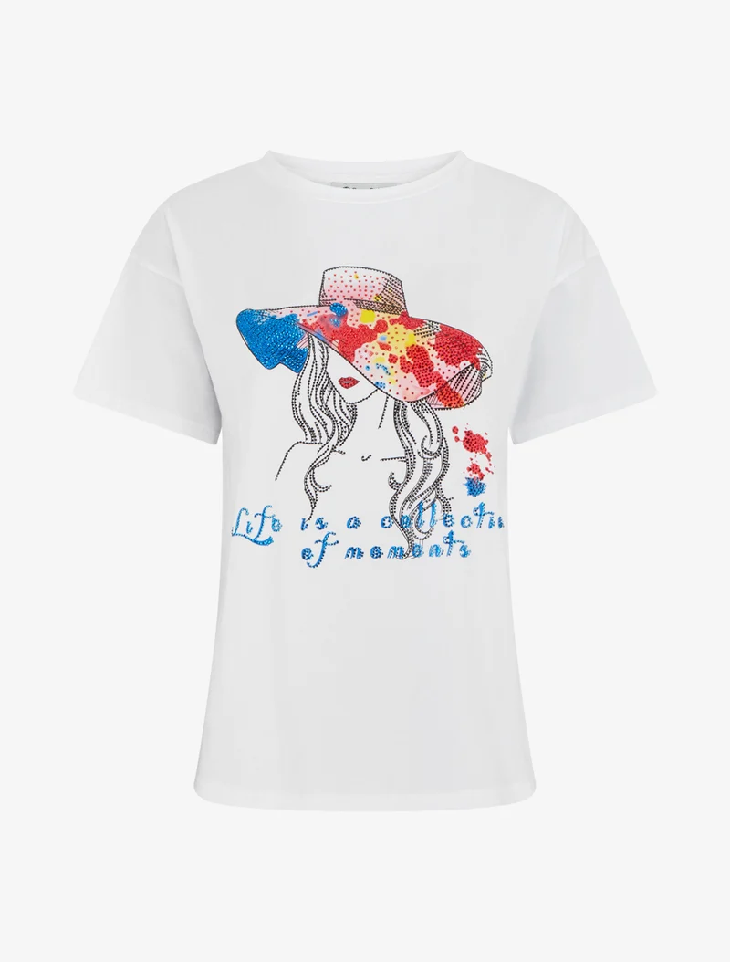 T-shirt à strass motif dame au chapeau - Blanc