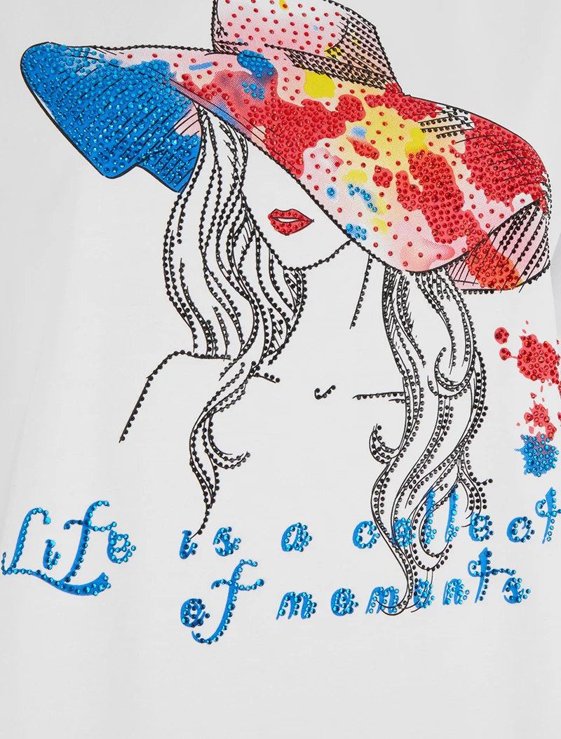 T-shirt à strass motif dame au chapeau - Blanc