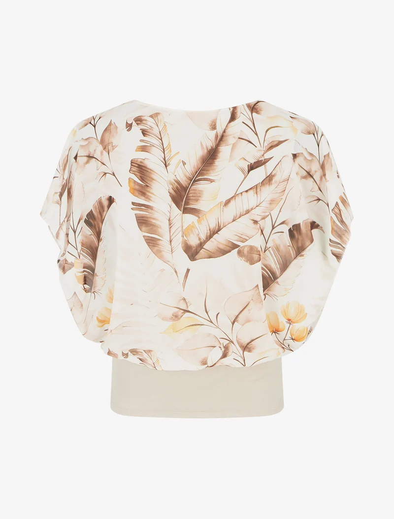 Top imprimé feuilles à manches volantées - Camel