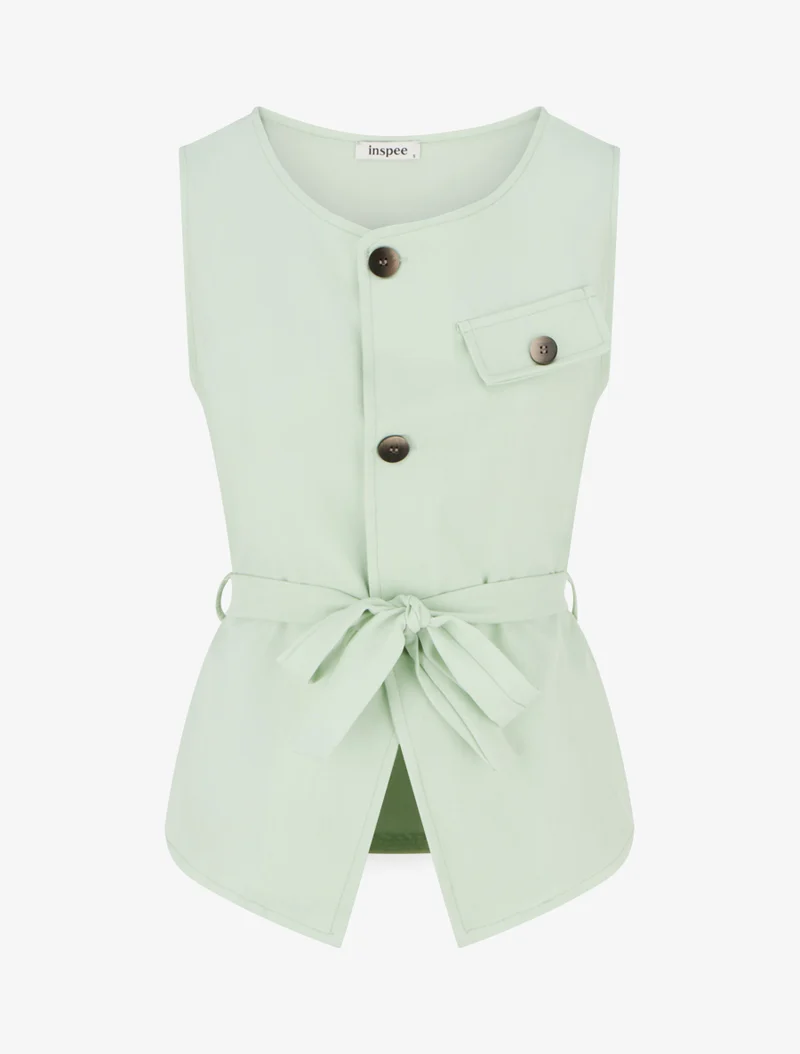 Top boutonné sans manches à poche décorative - Vert pomme
