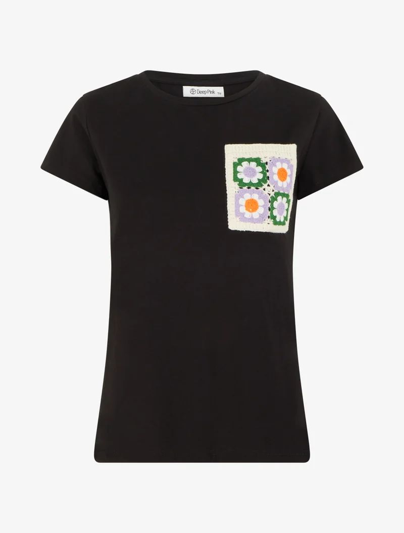 T-shirt à poche plaquée à motif floral - Noir