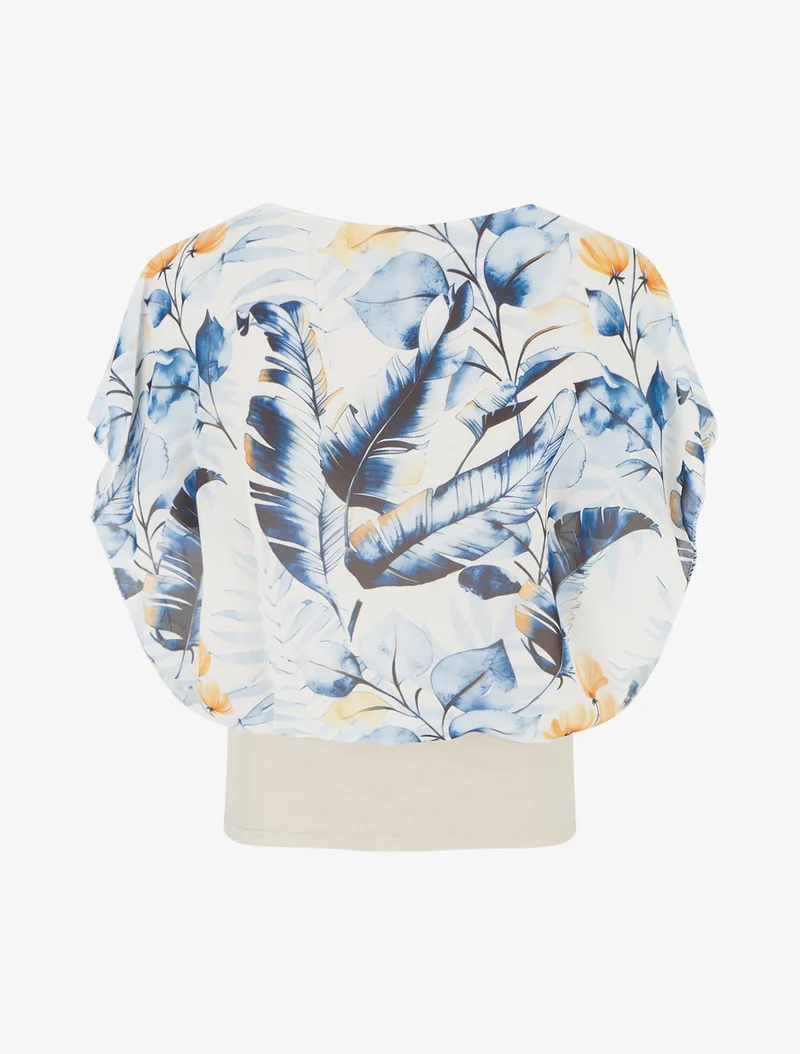 Top imprimé feuilles à manches volantées - Bleu
