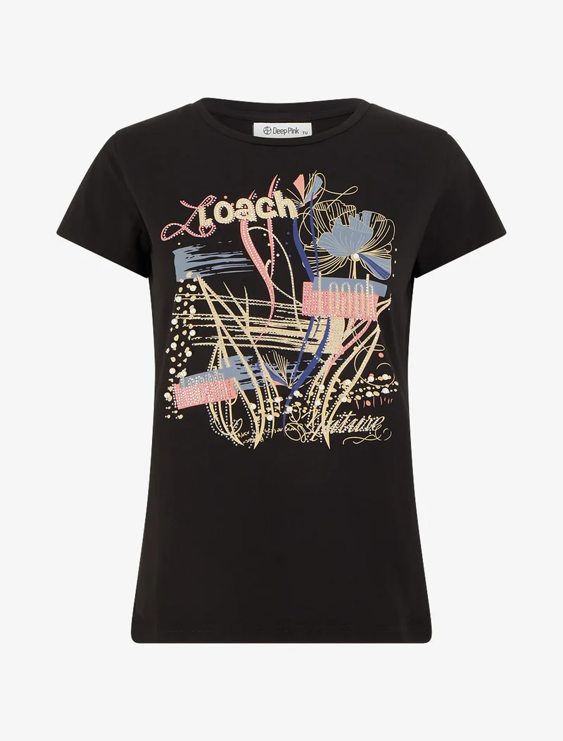 T-shirt floqué à strass et perles - Noir