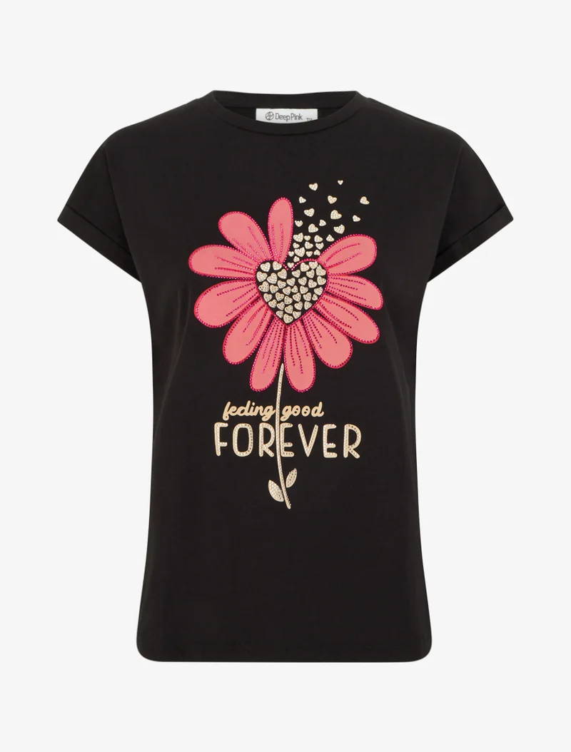 T-shirt à strass et flocage fleur - Noir