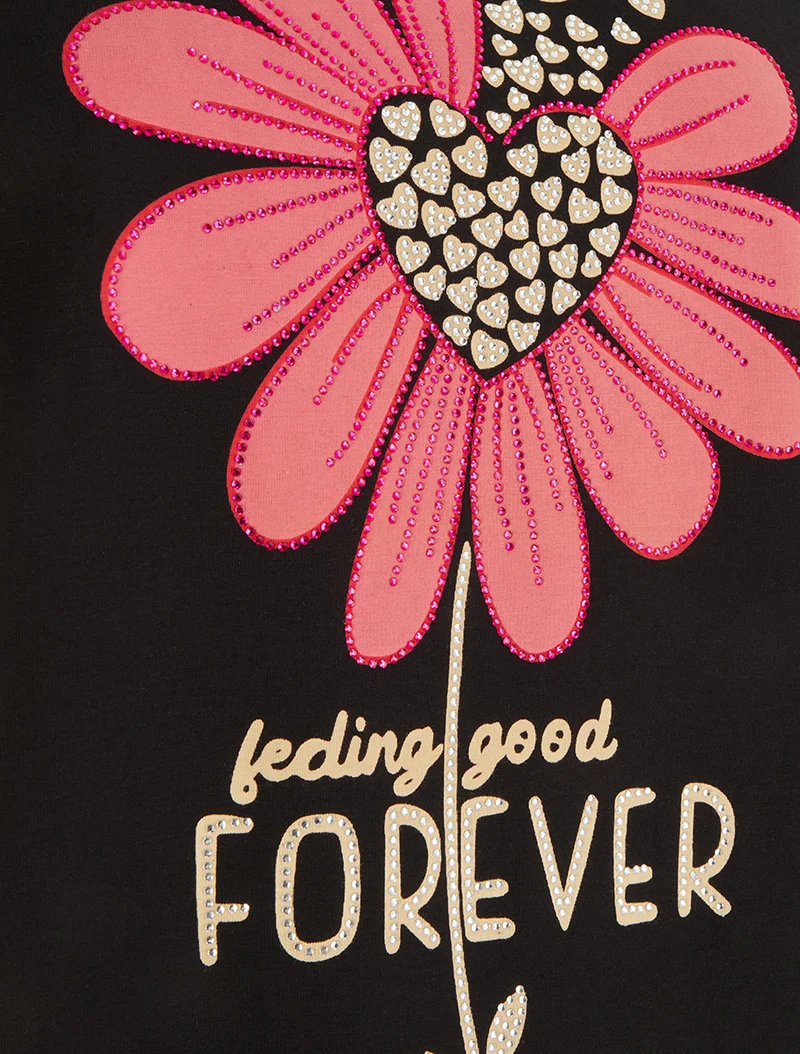 T-shirt à strass et flocage fleur - Noir