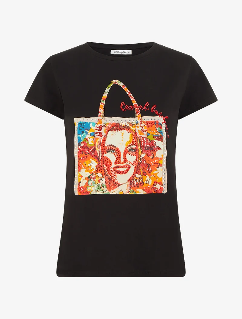 T-shirt à strass et motif sac - Noir