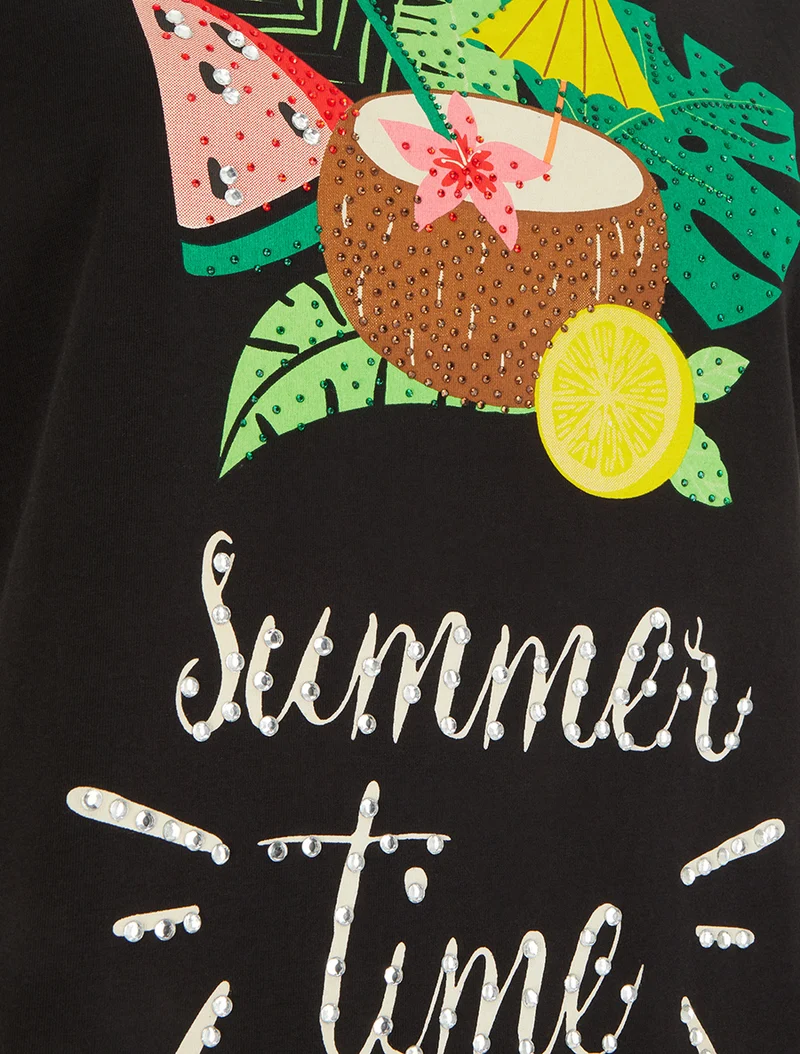 T-shirt Summer Time à strass - Noir