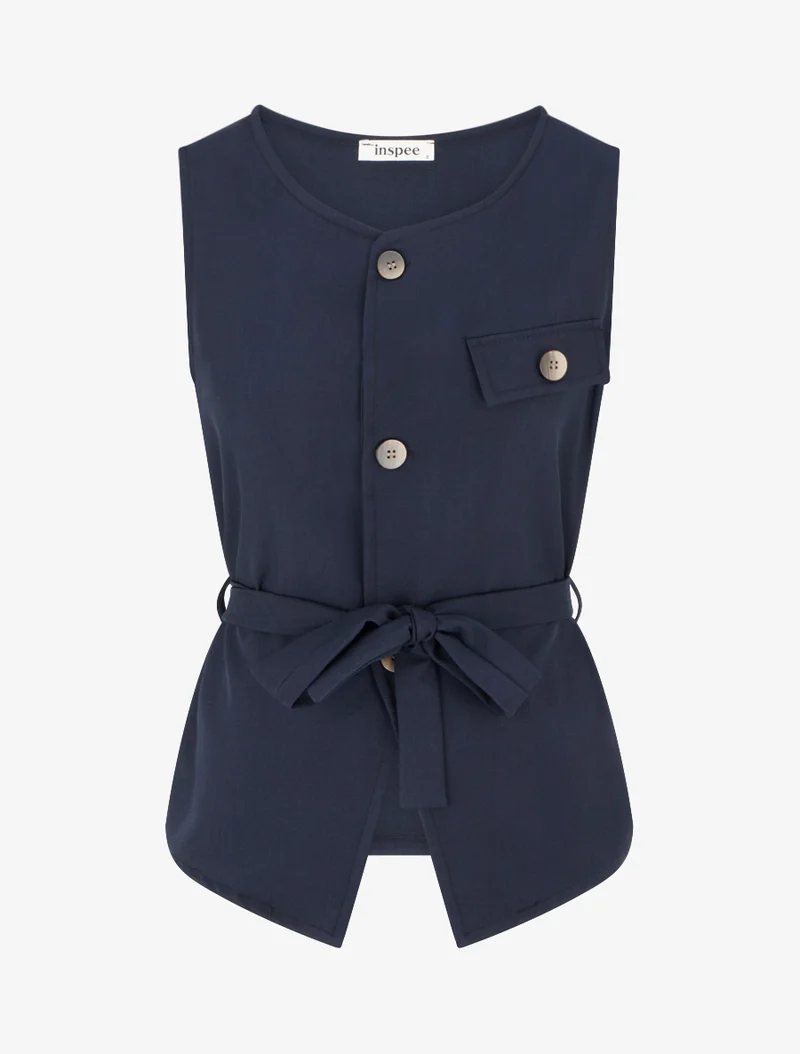 Top boutonné sans manches à poche décorative - Marine