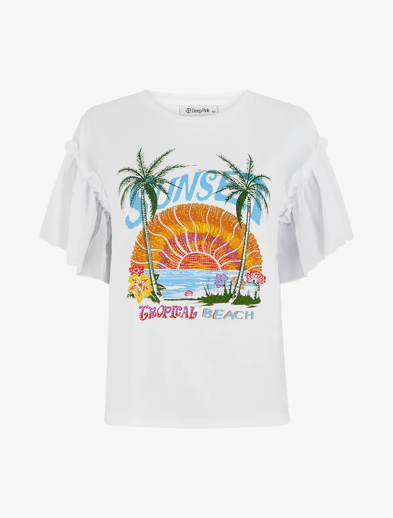 T-shirt motif sunset à strass - Blanc