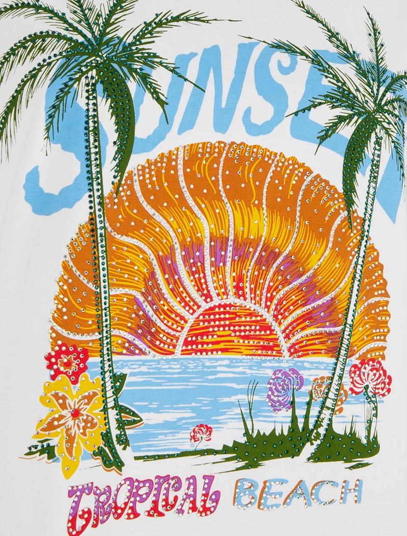 T-shirt motif sunset à strass - Blanc