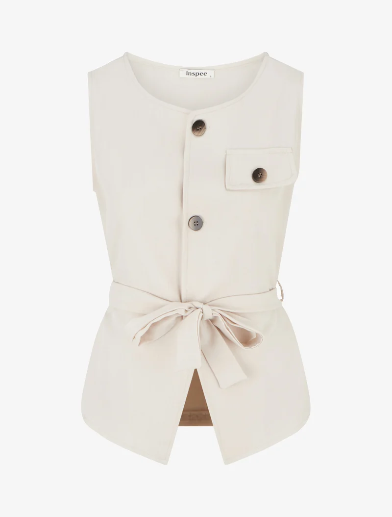 Top boutonné sans manches à poche décorative - Beige
