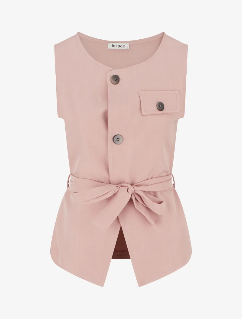Top boutonné sans manches à poche décorative - Vieux rose