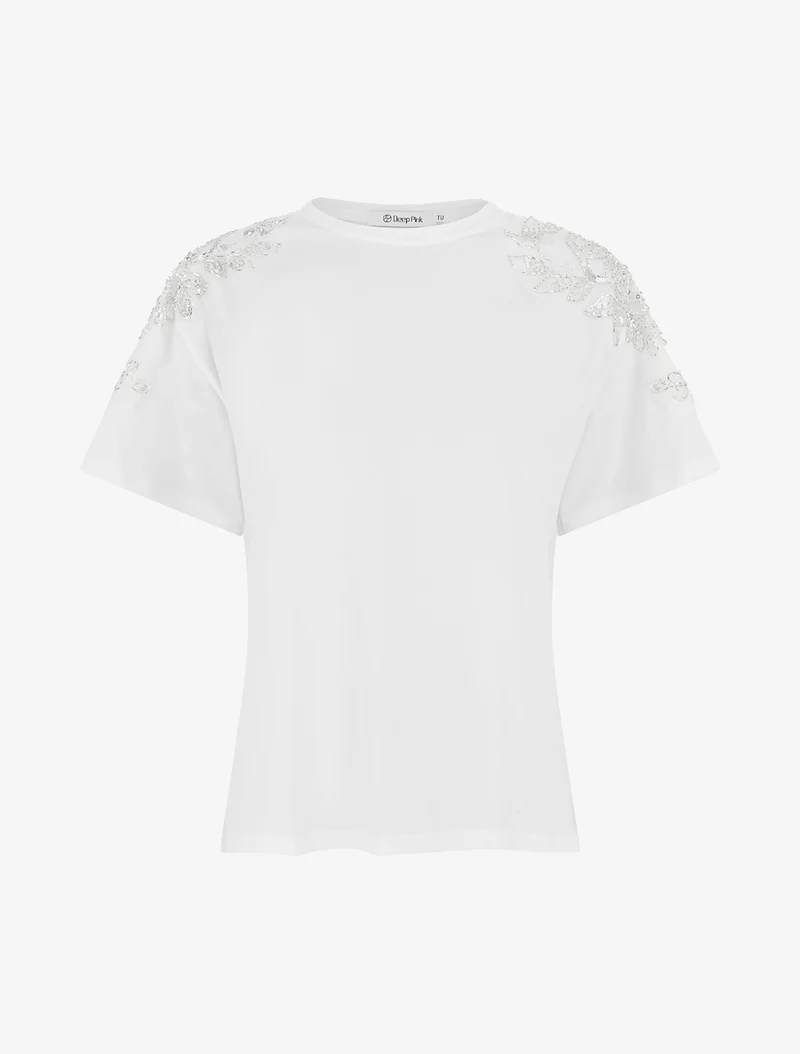 T-shirt manches courtes à épaules strassées - Blanc