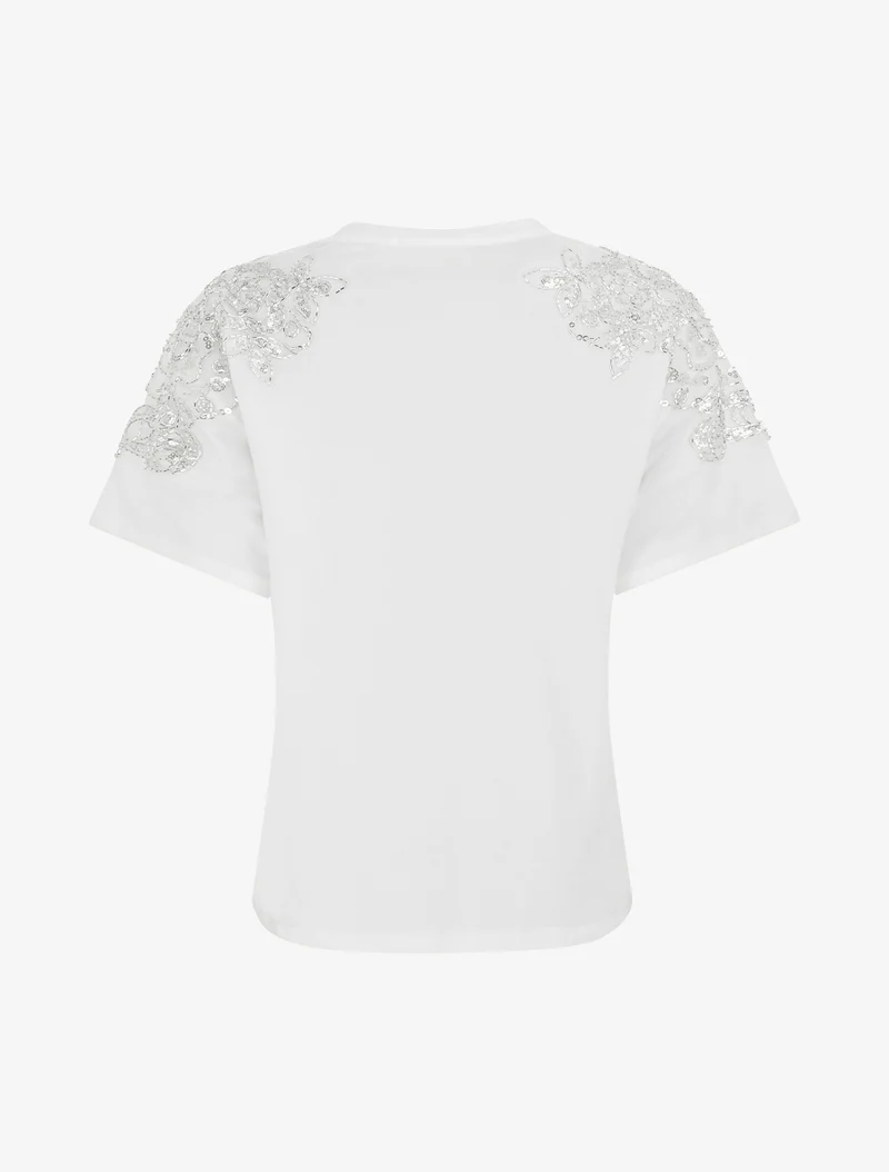 T-shirt manches courtes à épaules strassées - Blanc
