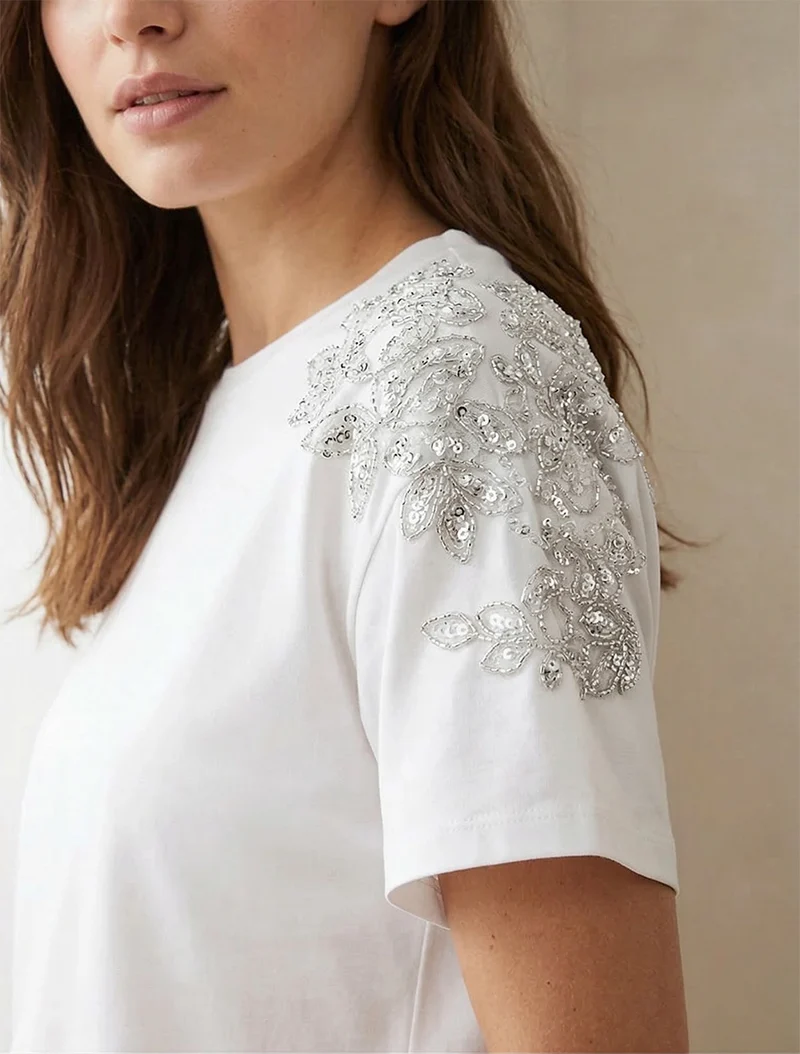 T-shirt manches courtes à épaules strassées - Blanc