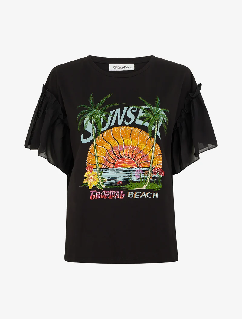 T-shirt motif sunset à strass - Noir