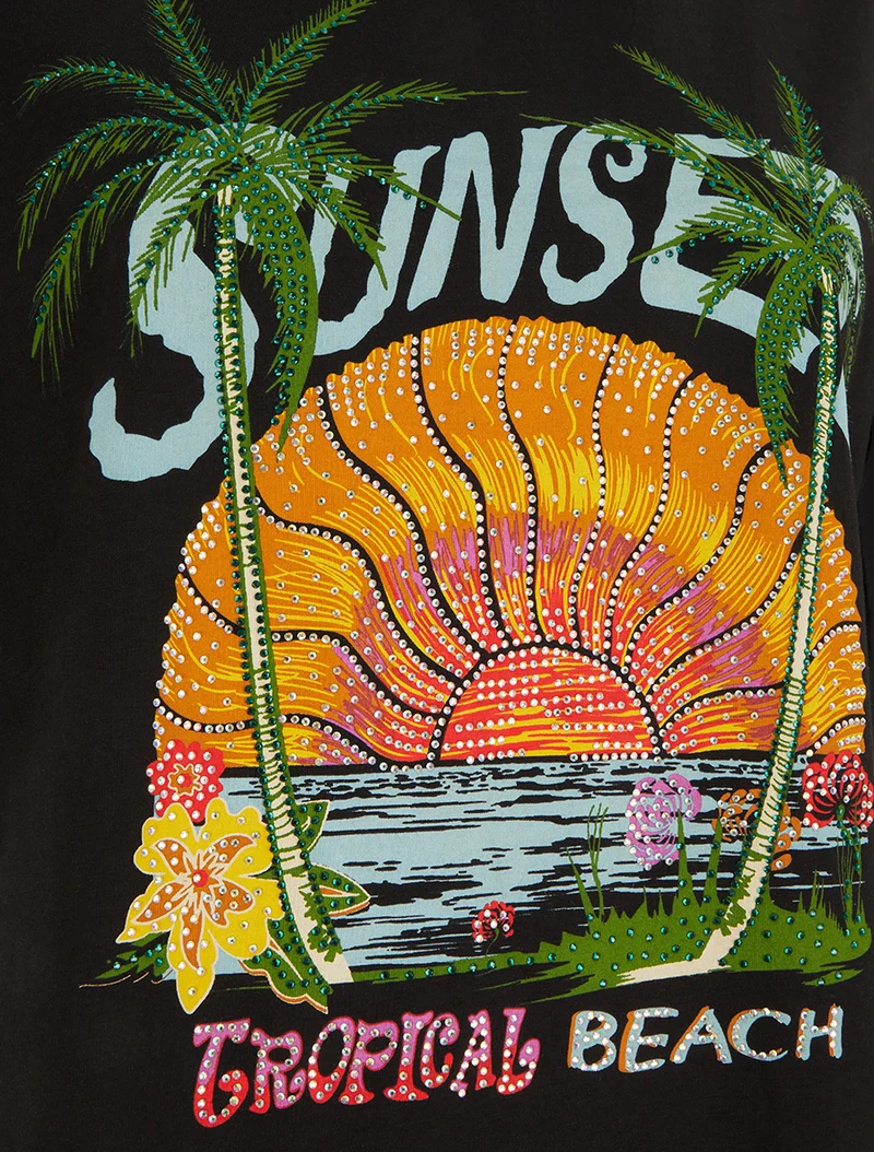 T-shirt motif sunset à strass - Noir