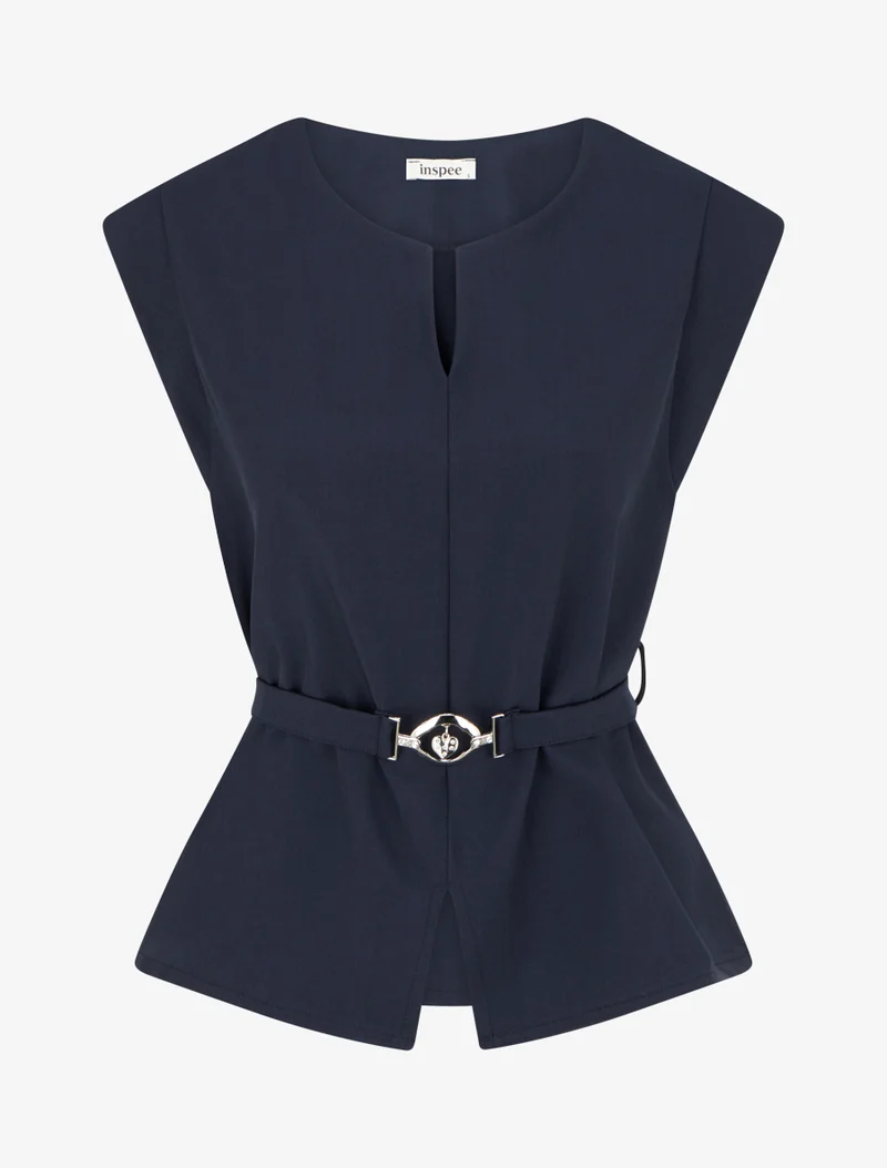 Top uni sans manches à empiècement bijou - Marine