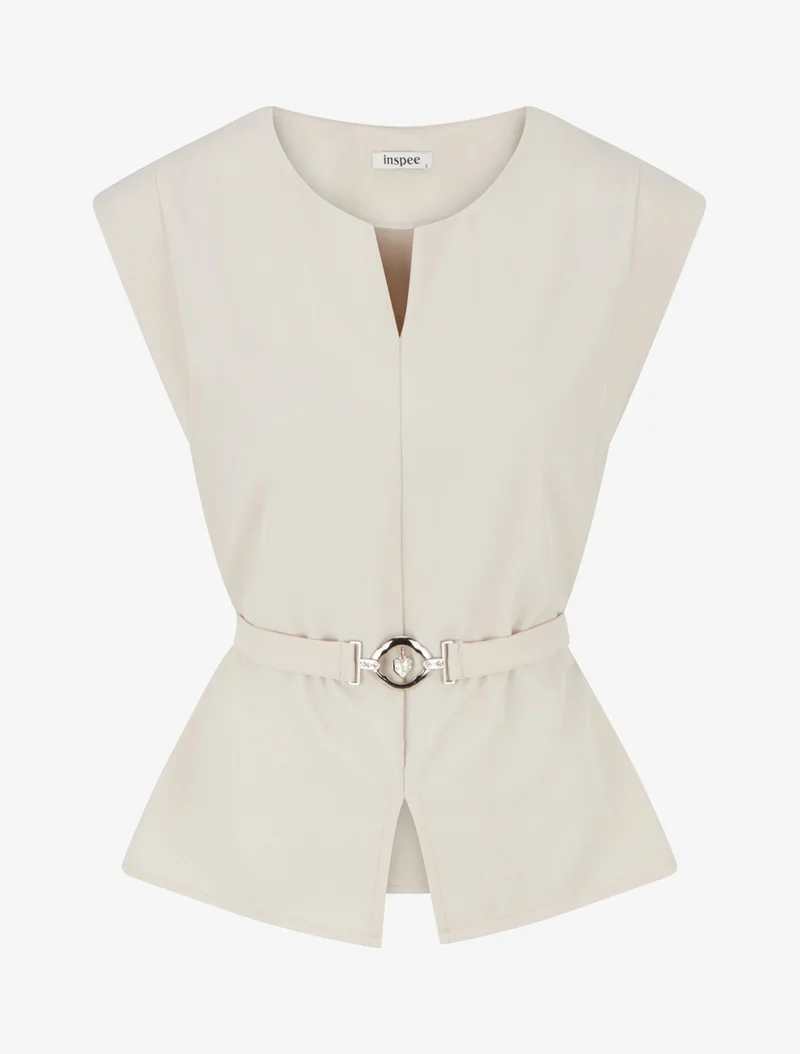 Top uni sans manches à empiècement bijou - Beige