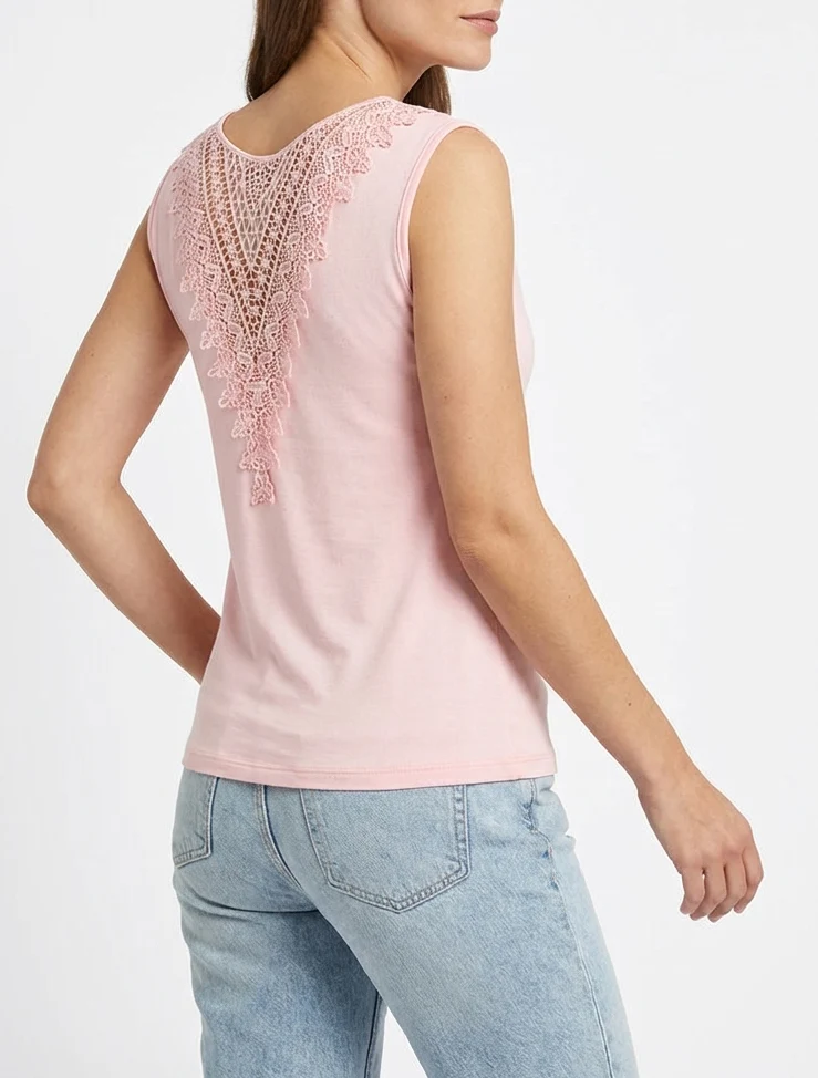 Top uni sans manches à broderie au dos - Rose