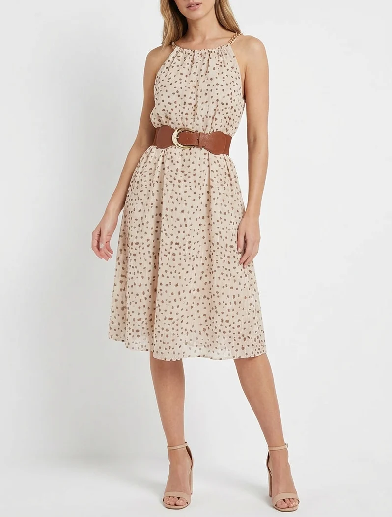 Robe à bretelles chaînes imprimé moucheté - Beige