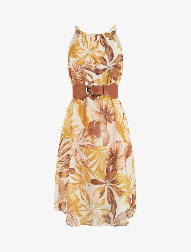 Robe à bretelles chaînes imprimé tropical - Jaune moutarde