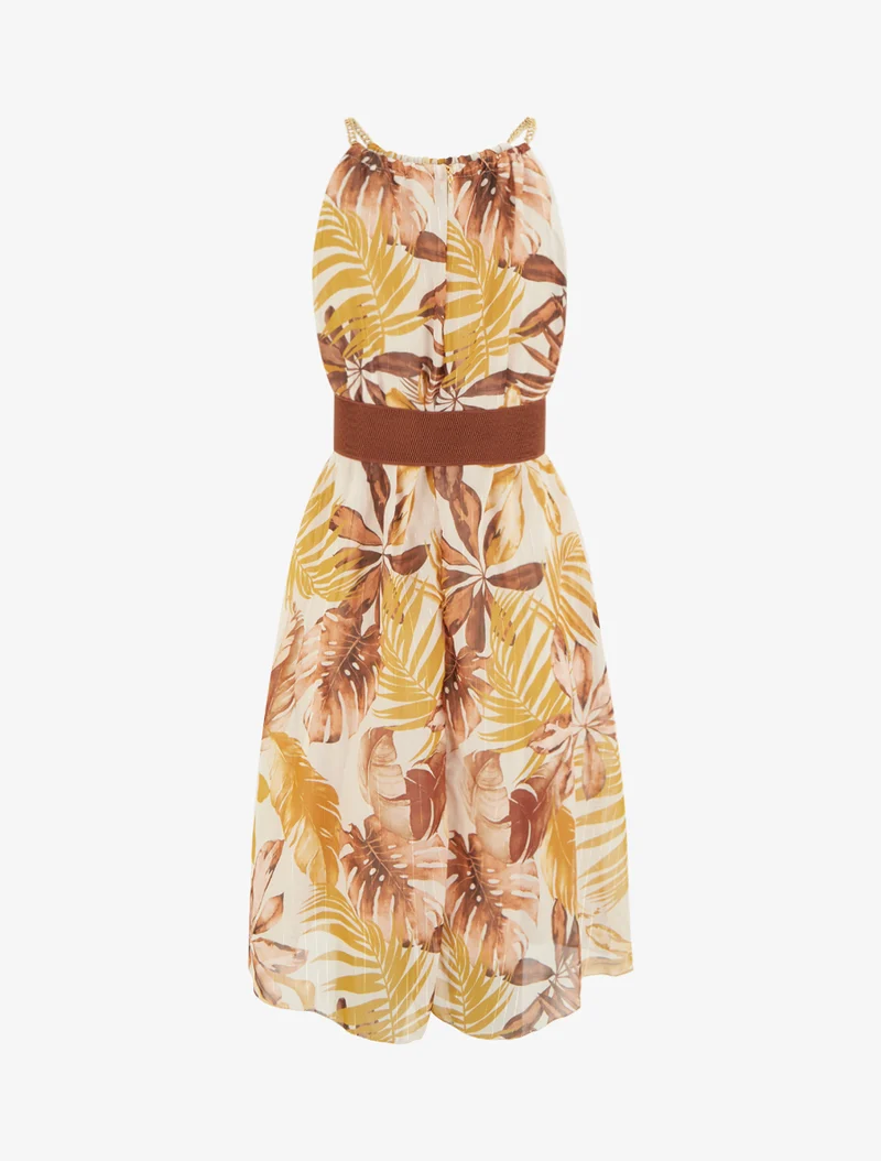 Robe à bretelles chaînes imprimé tropical - Jaune moutarde