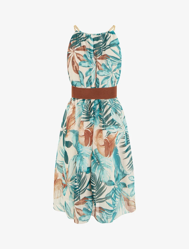 Robe à bretelles chaînes imprimé tropical - Turquoise