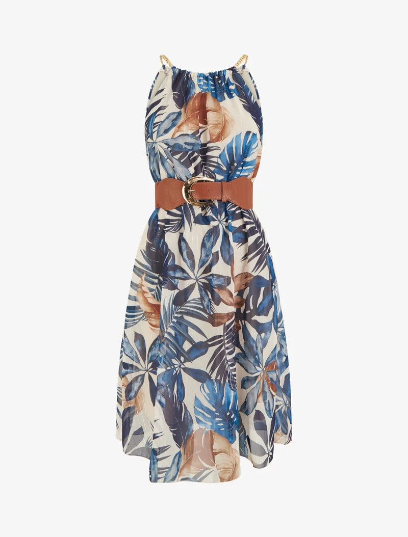 Robe à bretelles chaînes imprimé tropical - Marine