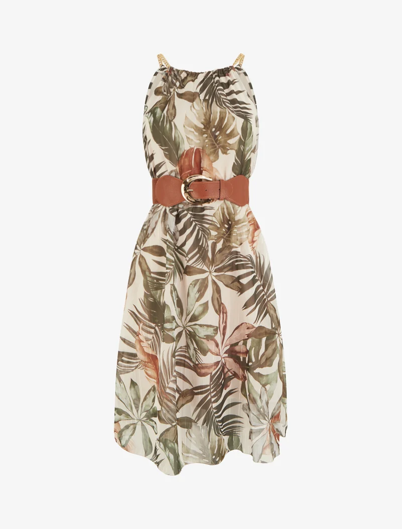 Robe à bretelles chaînes imprimé tropical - Kaki foncé