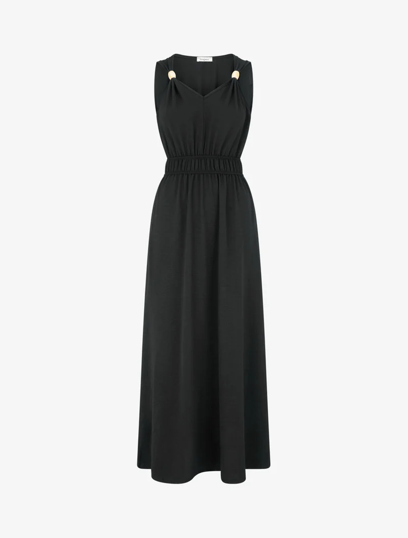 Robe unie à empiècement perles en bois - Noir